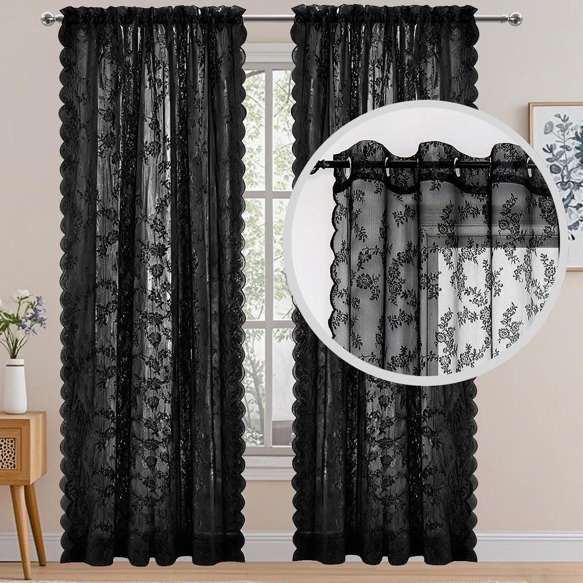 2 Panels Lace Curtains 39" x 79" - Rustic Floral Branch Leaf Pattern Lace Panel Curtains for Bedroom, Privacy Vintage Sheer Lace Curtains for Windows, White