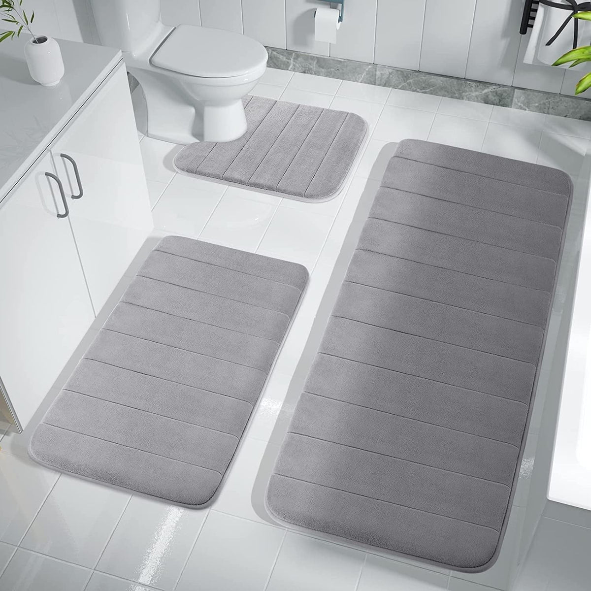 3 Piece Memory Foam Bath Mat Set with U-Shaped Toilet Mat Bathroom Rugs Soft Comfortable Water Absorption Bath Carpet Non-Slip Thick Machine Washable for Kitchen/Living Room(Gray)