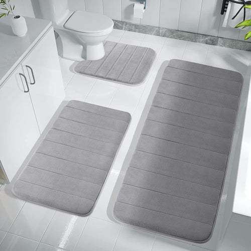 3 Piece Memory Foam Bath Mat Set with U-Shaped Toilet Mat Bathroom Rugs Soft Comfortable Water Absorption Bath Carpet Non-Slip Thick Machine Washable for Kitchen/Living Room(Gray)