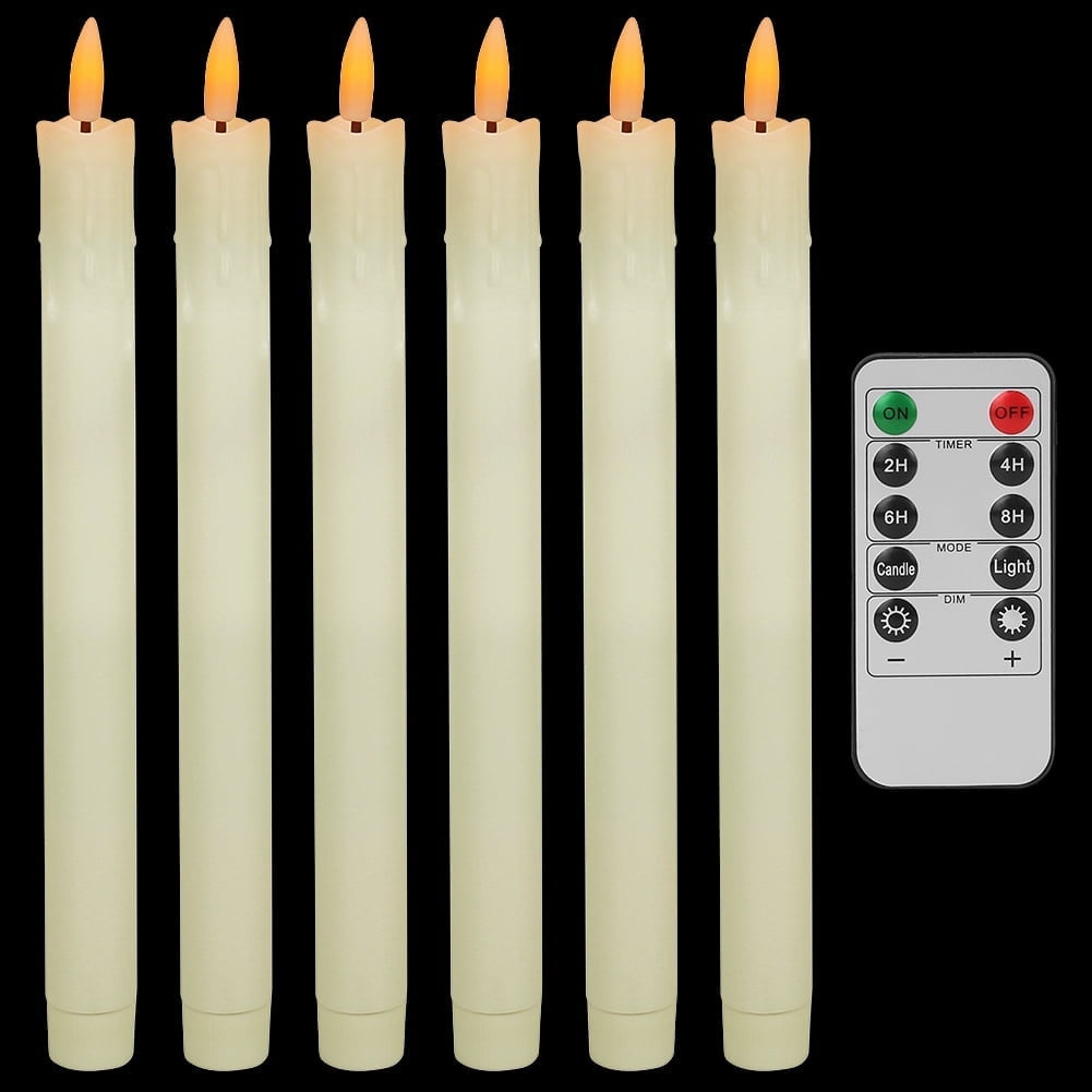 NEWEEN Flameless Taper Candles Flickering with Remote Timer, Battery Operated Led Warm 3D Wick Light Window Ivory Fake Candlesticks Real Wax Pack of 6, Christmas Home Wedding Decor(0.8X9.6Inch)