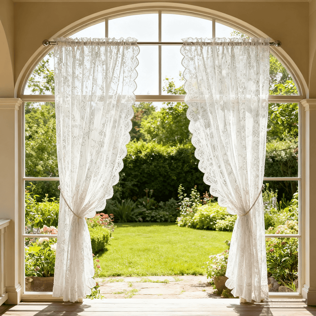 Vintage Lace Curtains 63 Inches Long-Romantic Flowers and Branch Sheer Lacy Curtains for Living Room French Door 1 Pair Rod Pocket, 57 x 63 Inch White