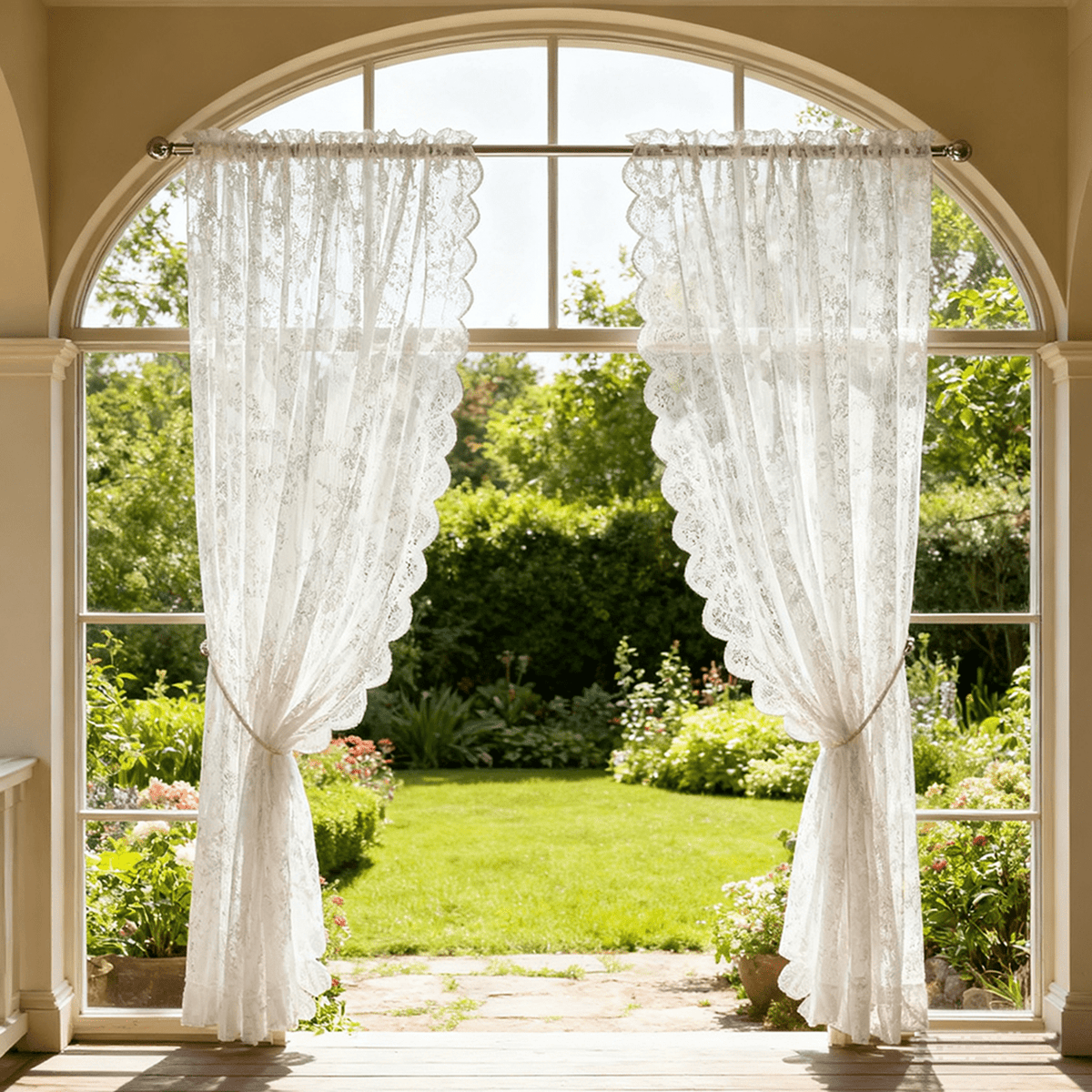 Vintage Lace Curtains 63 Inches Long-Romantic Flowers and Branch Sheer Lacy Curtains for Living Room French Door 1 Pair Rod Pocket, 57 x 63 Inch White