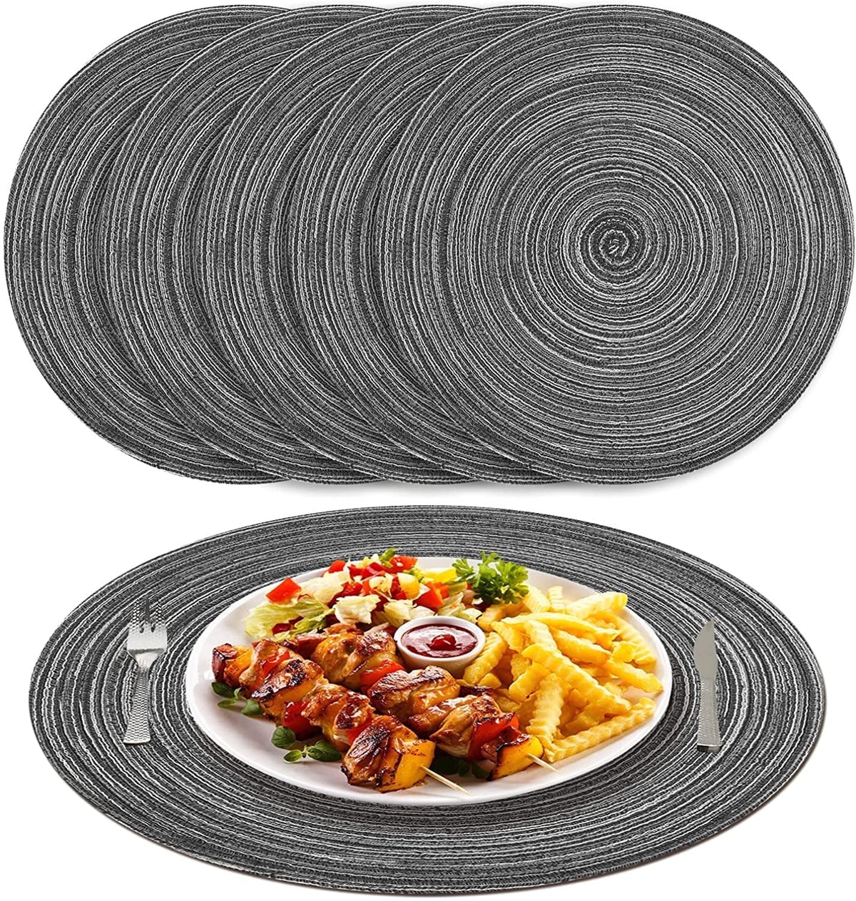 NEWEEN 15" Round Placemats Set of 6 Braided Fabric Heat Resistant Washable Table Mat for Kitchen for Kitchen Party Decor