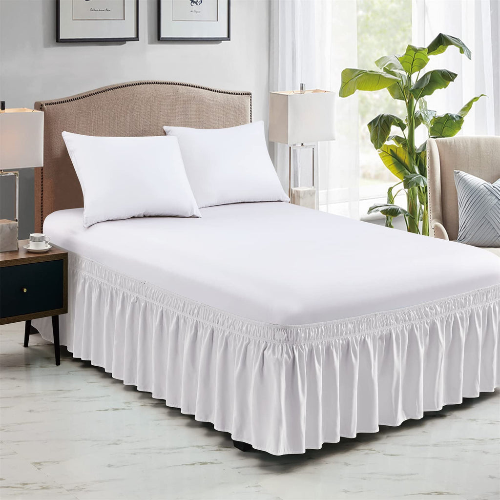 NEWEEN Wrap Around Bed Skirts for Queen Beds 15 Inches Drop, White Elastic Dust Ruffles Easy Fit Wrinkle & Fade Resistant Silky Luxurious Fabric Solid Machine Washable