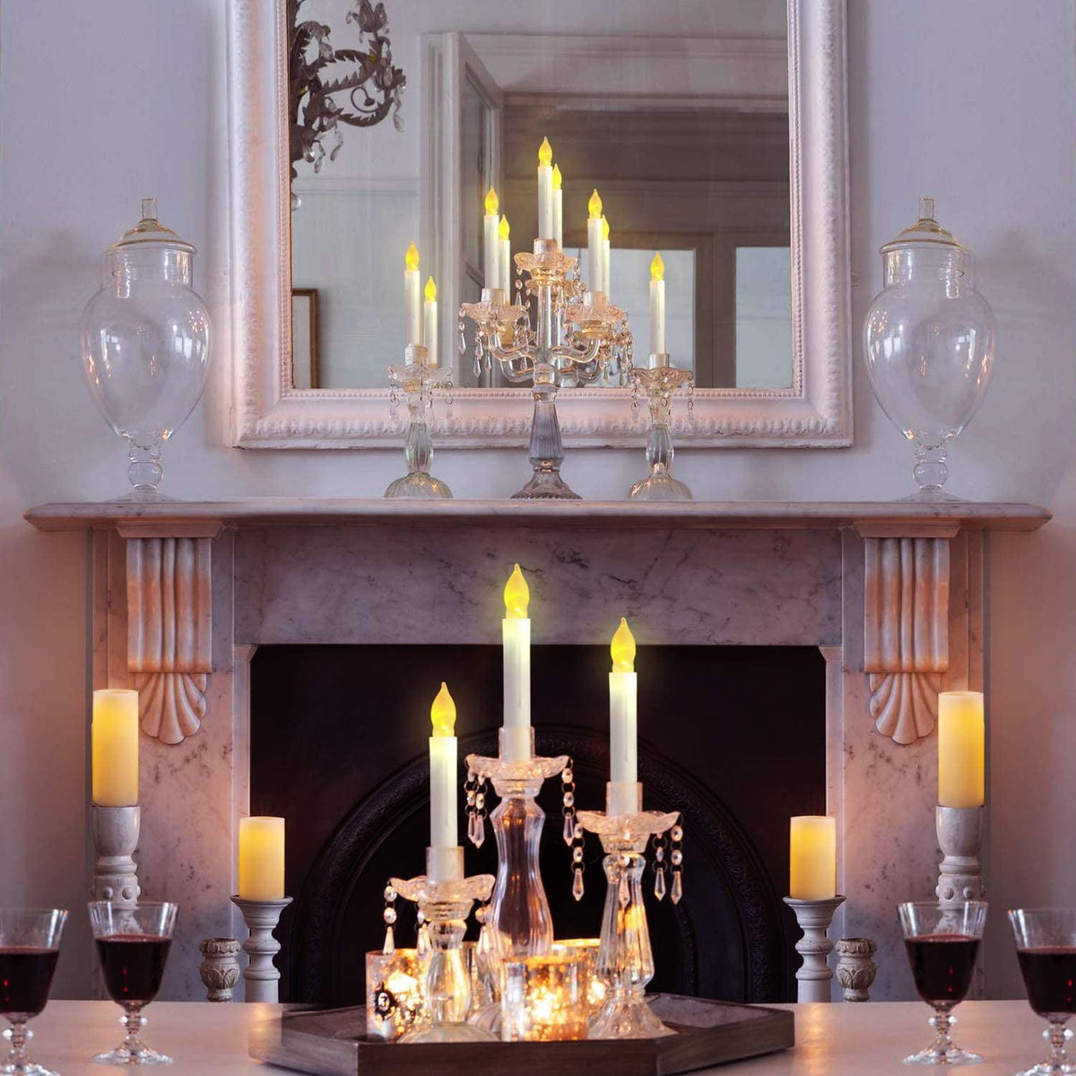 NEWEEN Set of 24 Flamelesss LED Taper Candles with Warm White Flickering Flame Light, Battery Operated Floating Candles, LED Taper Handheld Candlesticks for Church Party Halloween Decorations