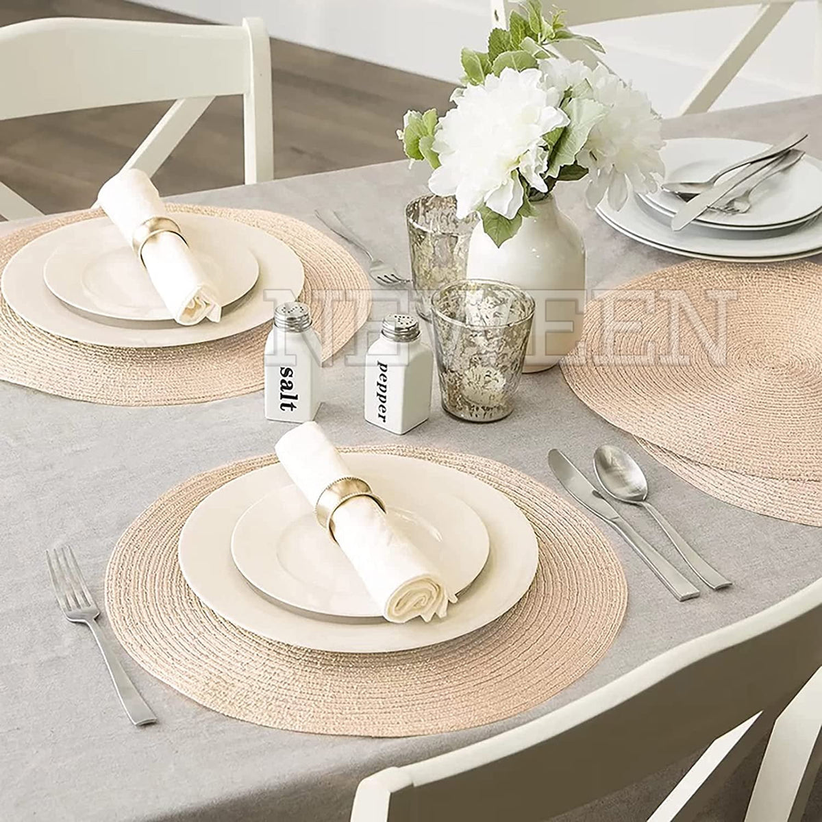 NEWEEN 15" Round Placemats Set of 6 Braided Fabric Heat Resistant Washable Table Mat for Kitchen for Kitchen Party Decor, Beige
