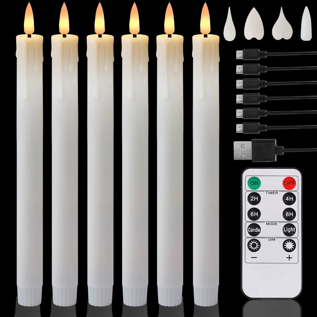 NEWEEN Flameless Taper Candles Flickering with Remote Timer, Battery Operated Led Warm 3D Wick Light Window Ivory Fake Candlesticks Real Wax Pack of 6, Christmas Home Wedding Decor(0.8X9.6Inch)