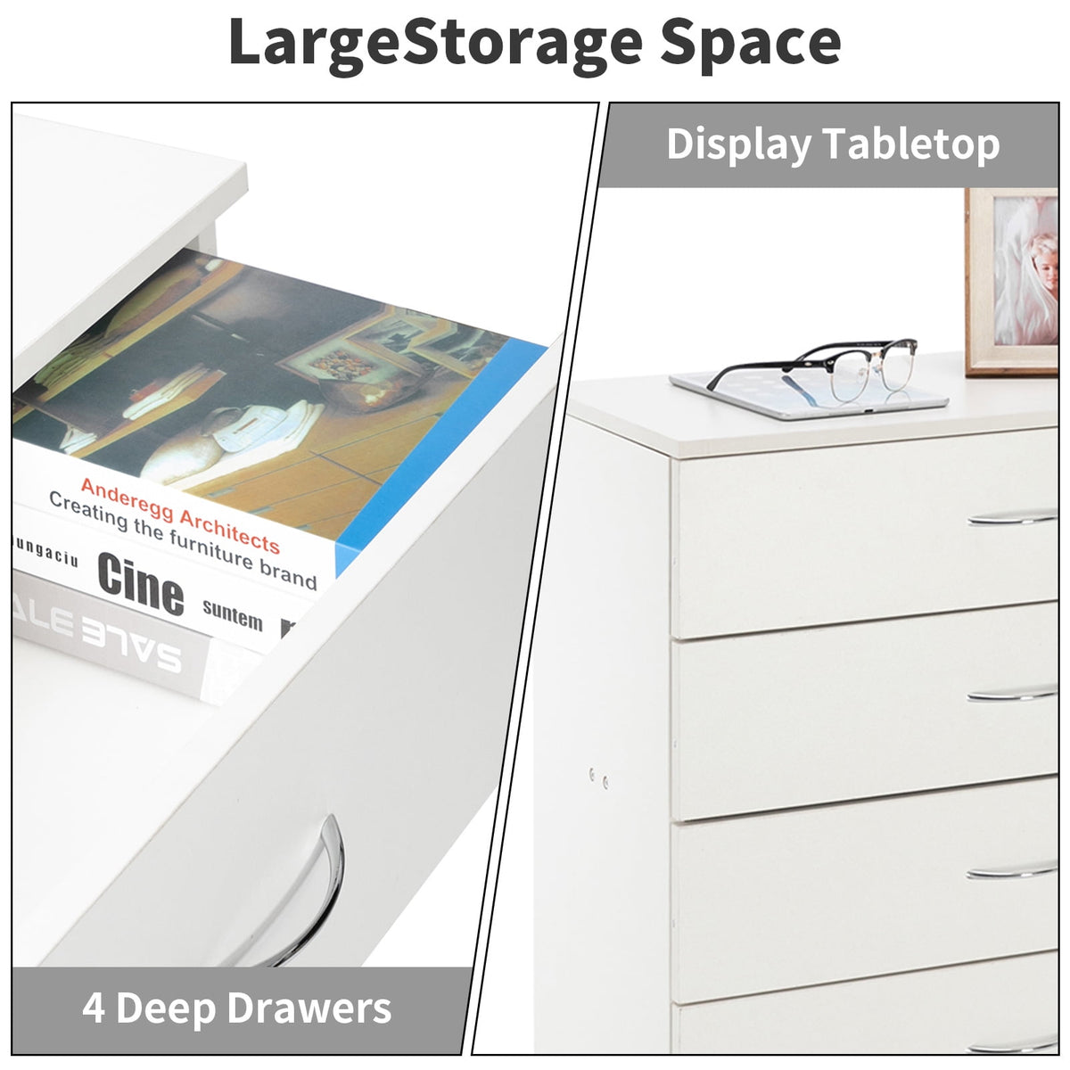 NEWEEN White 4 Drawer Dresser, Chest of Drawers for Bedroom, Modern Storage Cabinet Dresser Organizer Unit with Handle for Living Room, Closet, Hallway