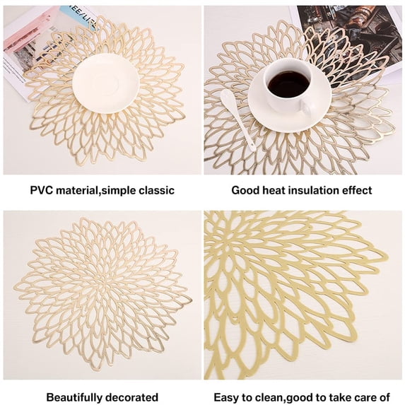 Vinyl Placemats  Non-Slip Washable Heat Resistant Round PVC Table Mats for Morden Kitchen Dining Table Wedding,Gold