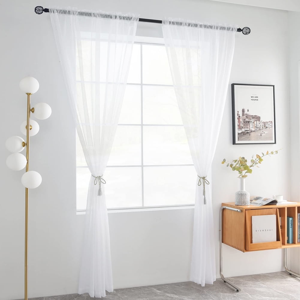 NEWEEN Sheer Curtains 84 inch Length 2 Panels Set White Curtains Clear Curtains Basic Rod Pocket Panel for Bedroom Living Room Yard Kitchen(55" X 84", White)