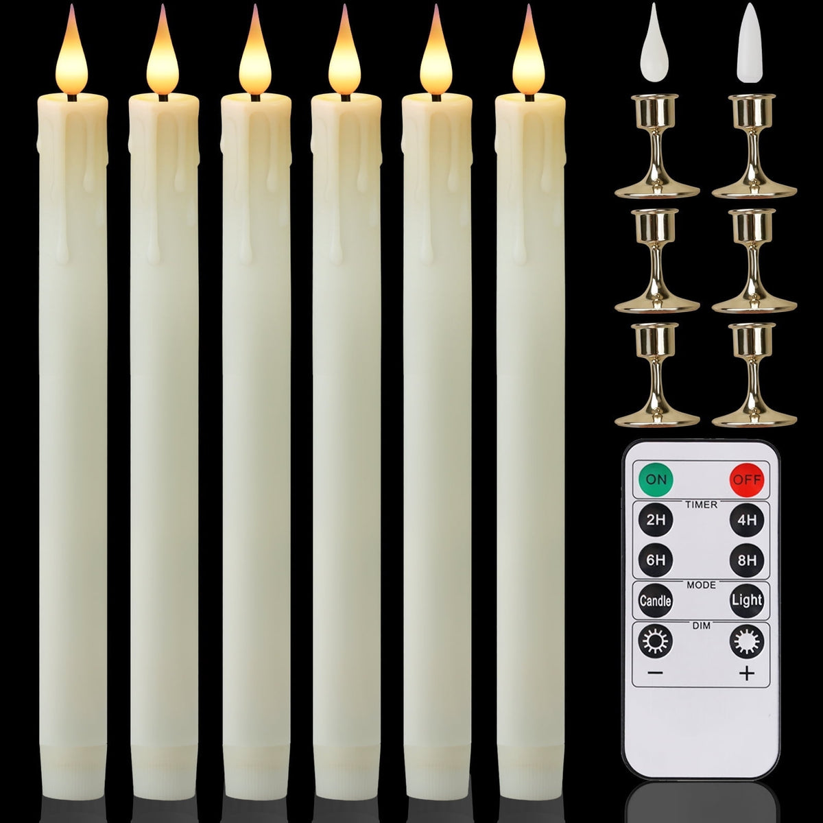 NEWEEN Flameless Taper Candles Flickering with Remote Timer, Battery Operated Led Warm 3D Wick Light Window Ivory Fake Candlesticks Real Wax Pack of 6, Christmas Home Wedding Decor(0.8X9.6Inch)