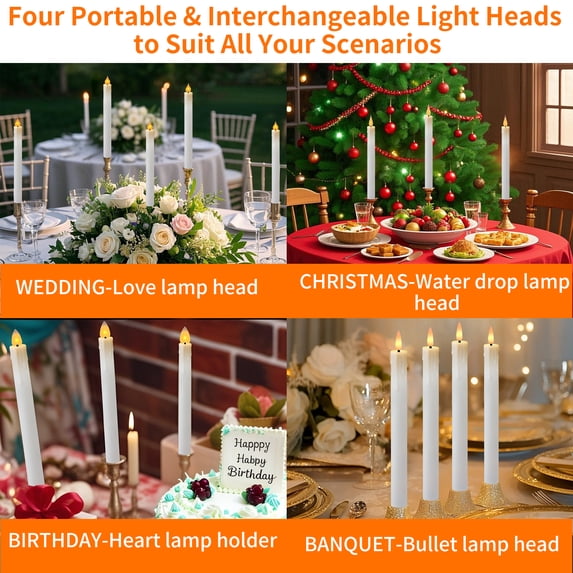 Rechargeable Flameless Taper Candles with Replace Lamp Head, 6 Pcs Real Wax LED Taper Candles Flickering with Remote&Timer, 3D Flame Battery Candlesticks for Home Wedding Christmas Decor (White)