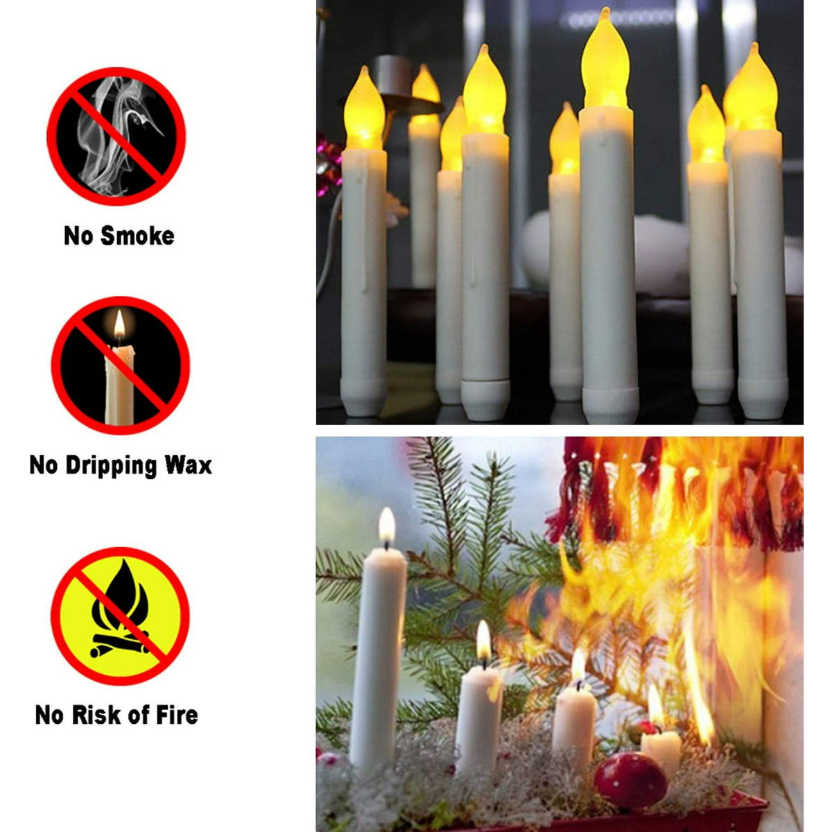 NEWEEN Set of 24 Flamelesss LED Taper Candles with Warm White Flickering Flame Light, Battery Operated Floating Candles, LED Taper Handheld Candlesticks for Church Party Halloween Decorations