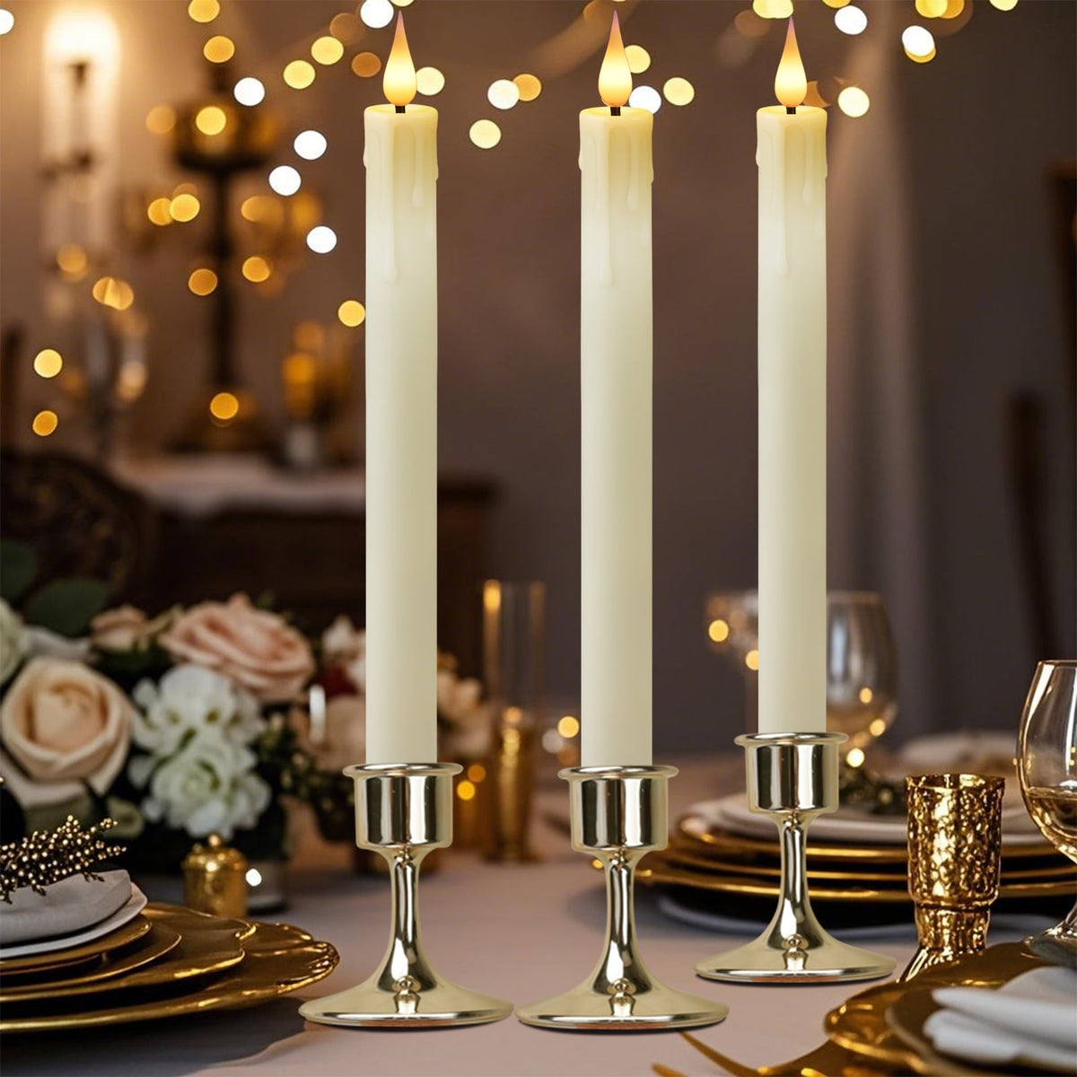 NEWEEN Flameless Taper Candles Flickering with Remote Timer, Battery Operated Led Warm 3D Wick Light Window Ivory Fake Candlesticks Real Wax Pack of 6, Christmas Home Wedding Decor(0.8X9.6Inch)