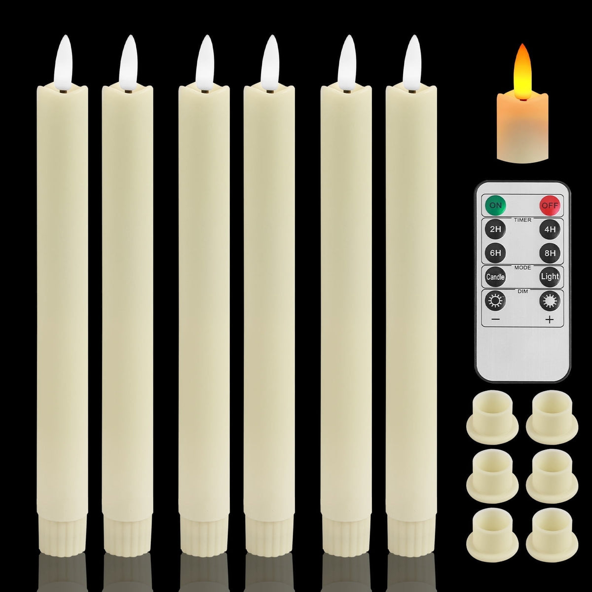 NEWEEN Flameless Taper Candles Flickering with Remote Timer, Battery Operated Led Warm 3D Wick Light Window Ivory Fake Candlesticks Real Wax Pack of 6, Christmas Home Wedding Decor(0.8X9.6Inch)