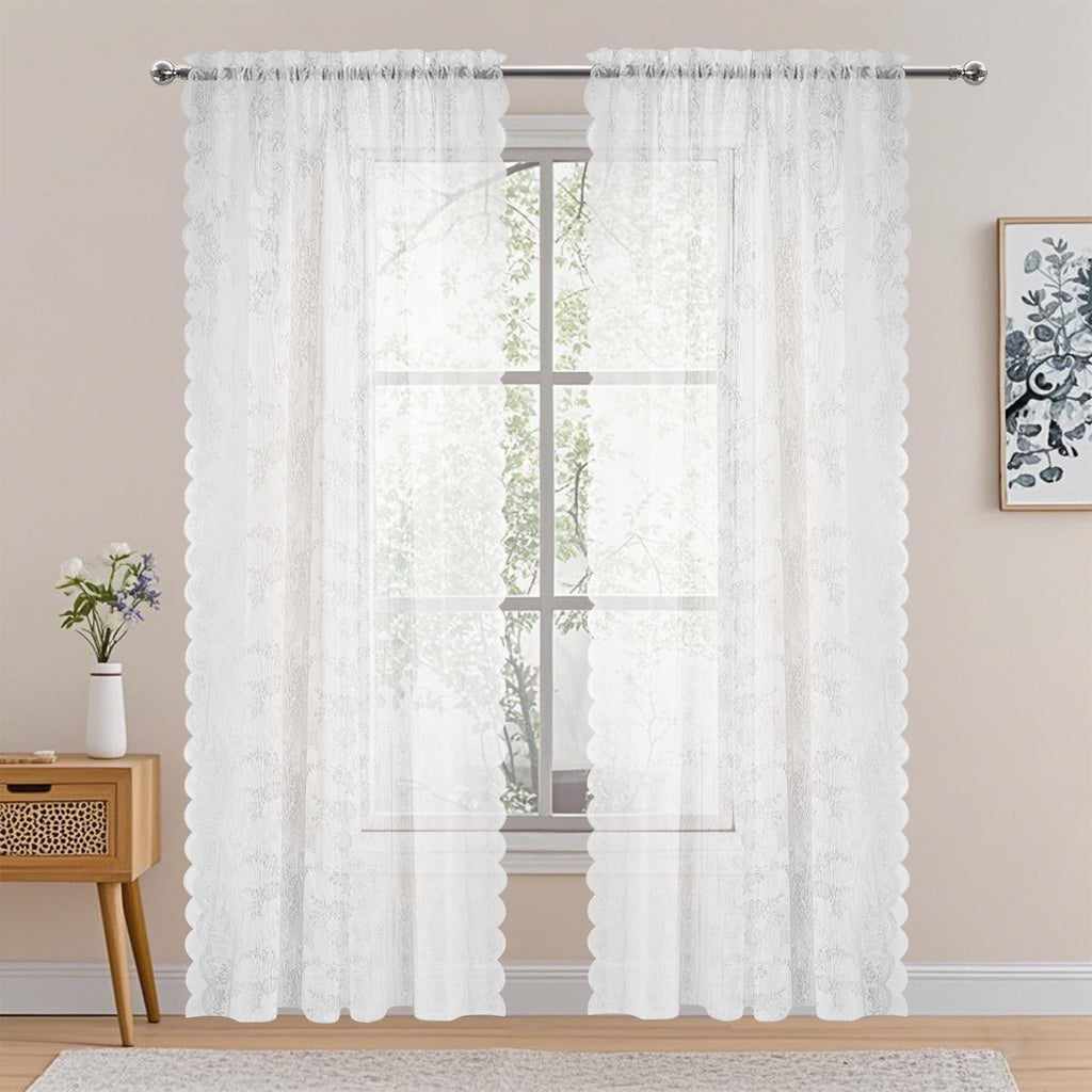 Vintage Lace Curtains 63 Inches Long-Romantic Flowers and Branch Sheer Lacy Curtains for Living Room French Door 1 Pair Rod Pocket, 57 x 63 Inch White