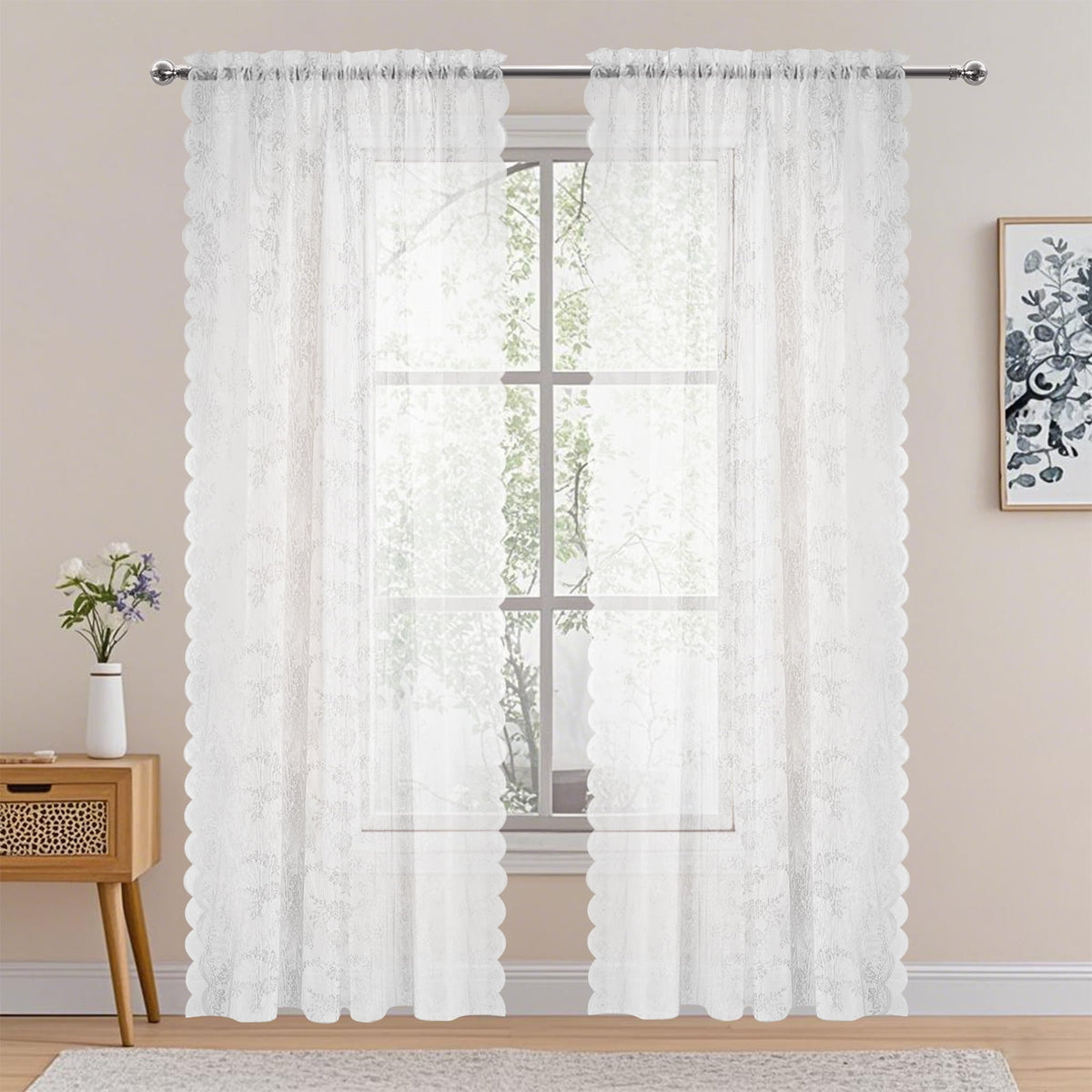 Vintage Lace Curtains 63 Inches Long-Romantic Flowers and Branch Sheer Lacy Curtains for Living Room French Door 1 Pair Rod Pocket, 57 x 63 Inch White